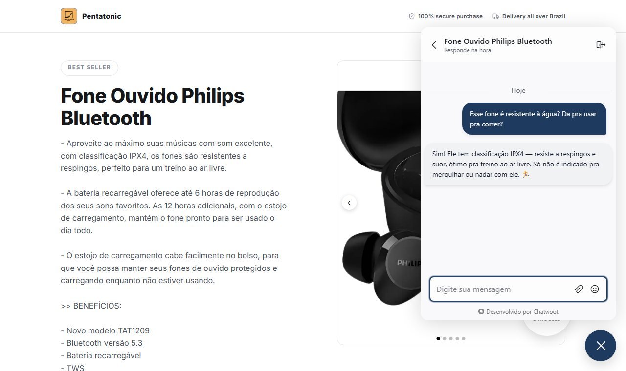 Cliente pergunta se o fone é resistente à água, e a resposta chega usando os dados reais do produto