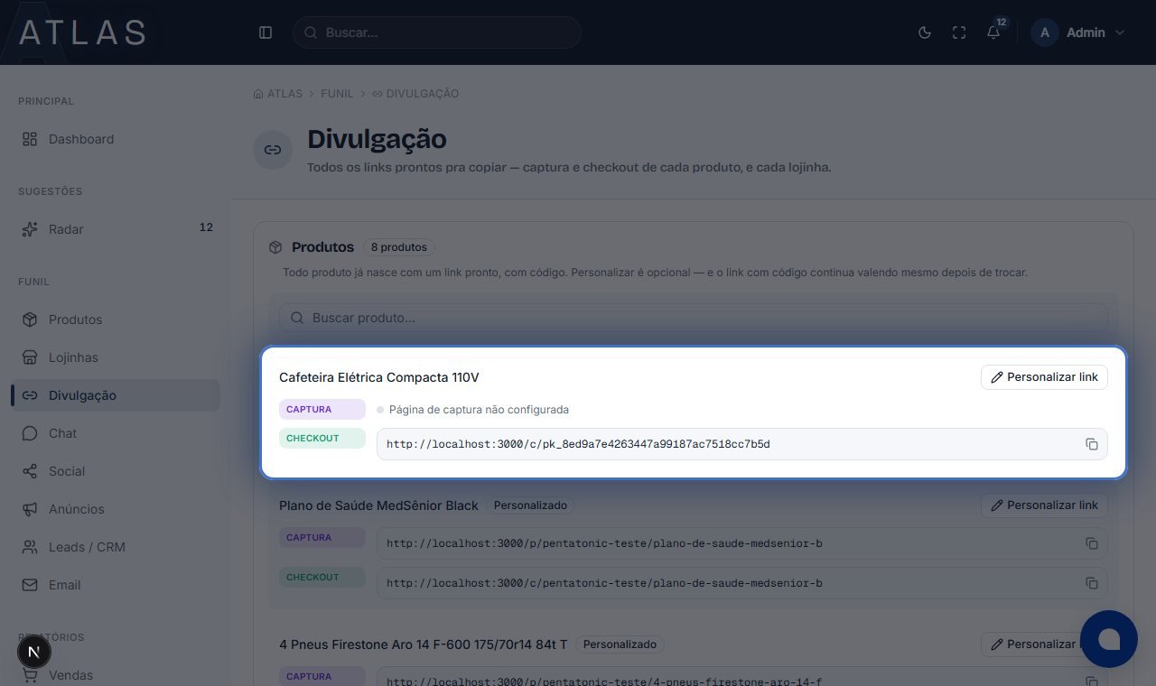 Central de links do Atlas, em destaque o link de checkout já pronto pra copiar