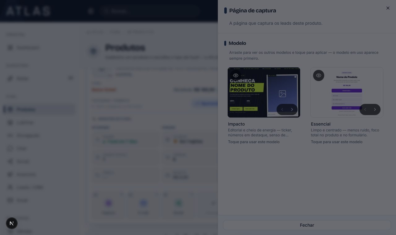 Gaveta de página de captura no card do produto, em destaque a galeria de modelos prontos