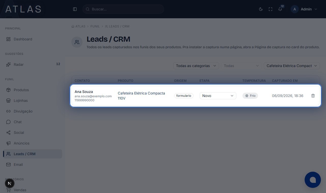 Tela de Leads/CRM do Atlas, em destaque o lead recém-capturado