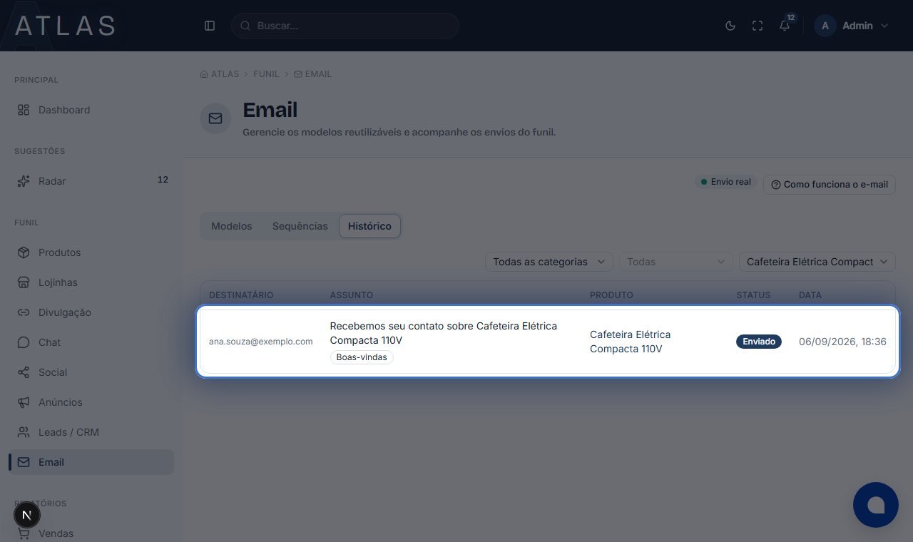 Histórico de e-mails do Atlas, em destaque o e-mail de boas-vindas enviado automaticamente