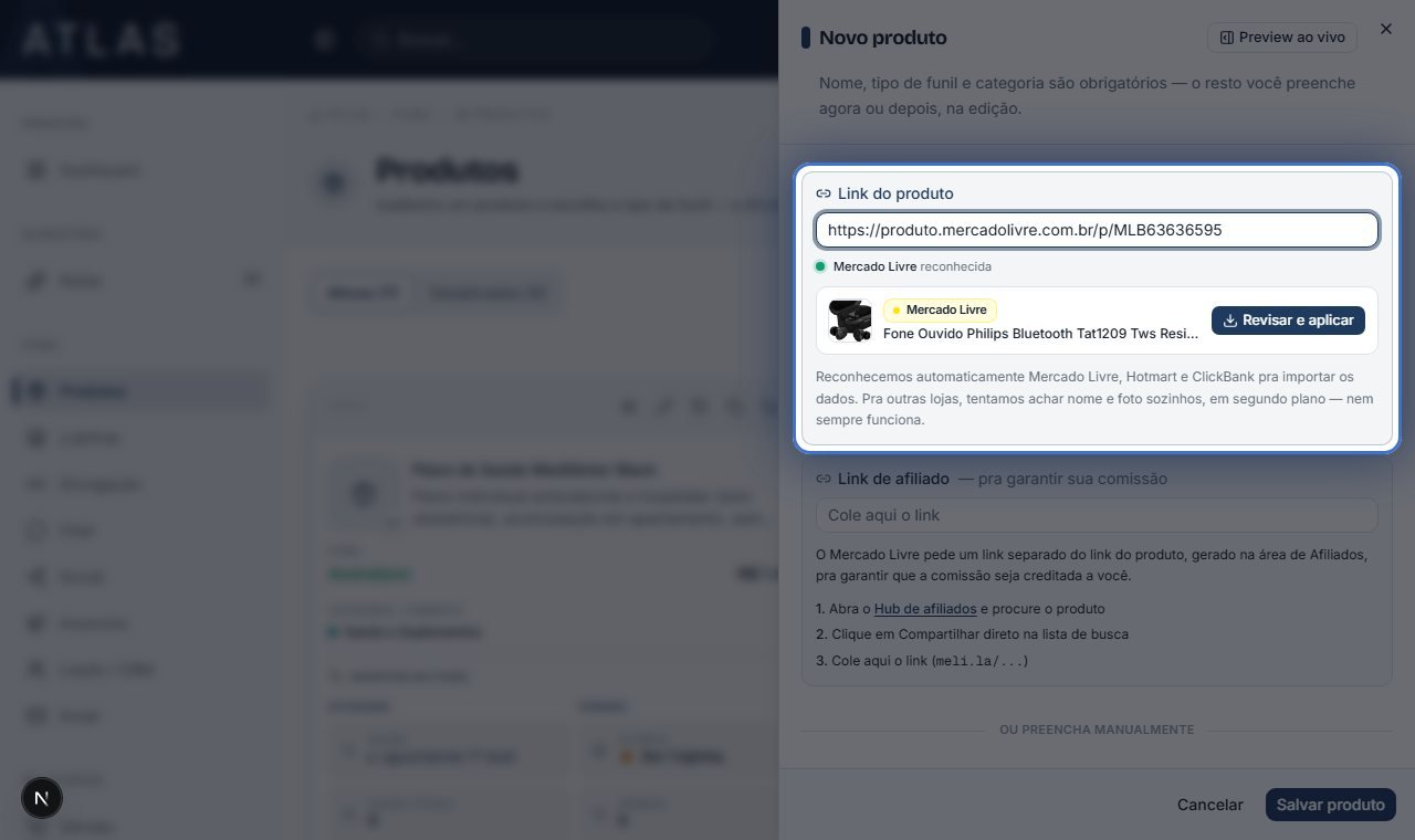 Tela do Atlas com o painel completo ao fundo, em destaque o campo onde se cola o link do produto e o Mercado Livre já reconhecido