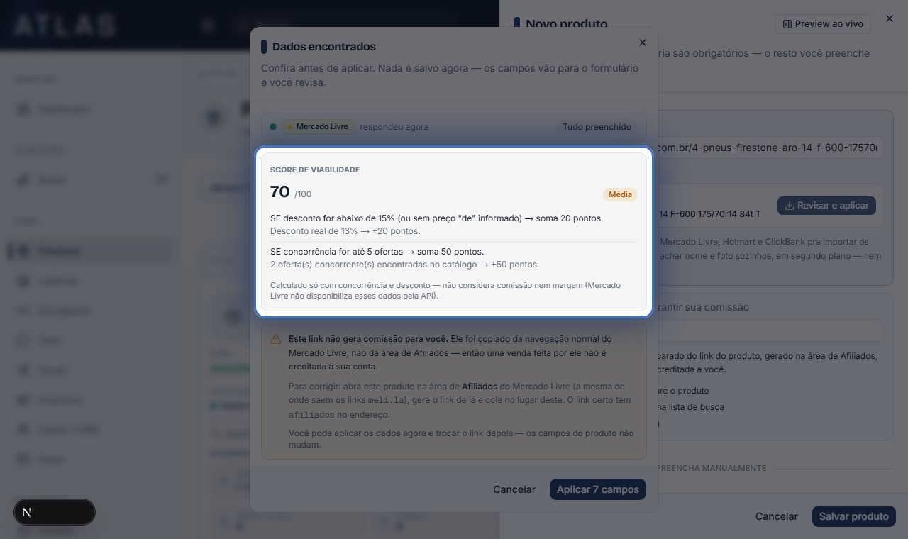 Tela do Atlas na hora de cadastrar o produto, em destaque o score de viabilidade calculado com cada regra usada exposta