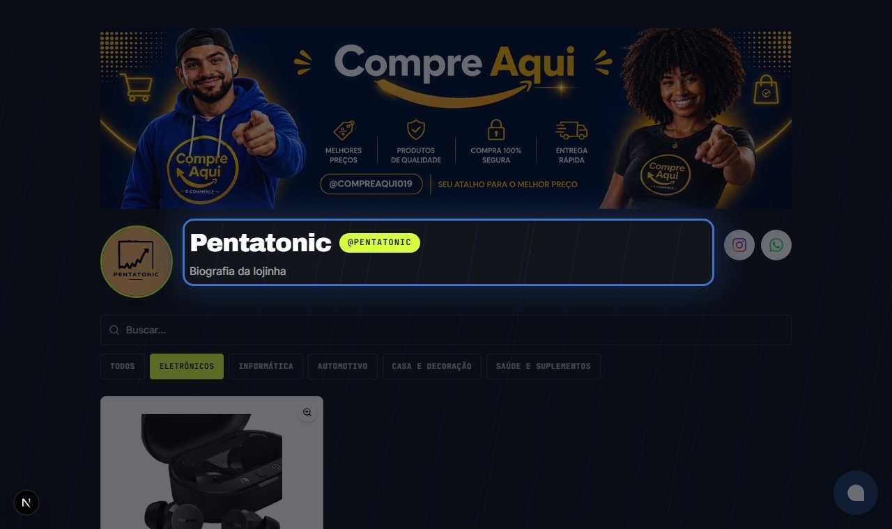 Lojinha pública gerada automaticamente pelo Atlas, em destaque o nome e a marca da loja
